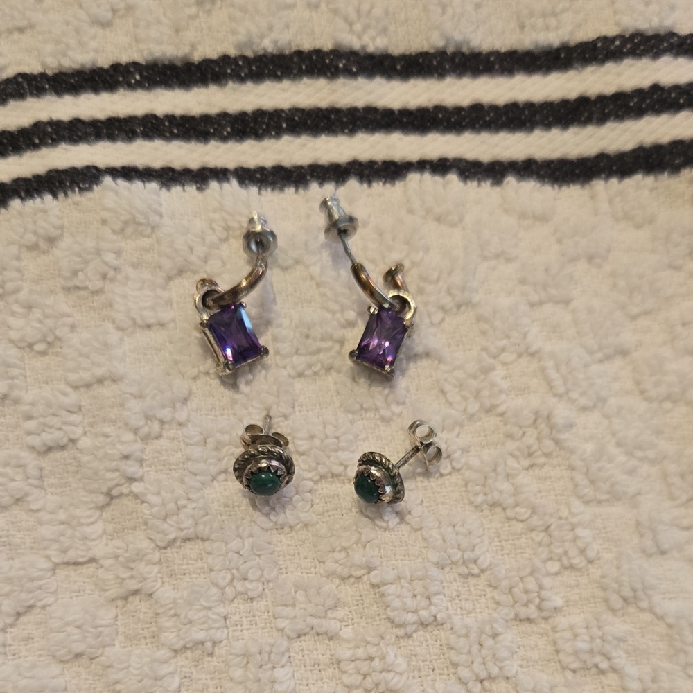 Elegant Sterling Silver Amethyst and Malachite Earrings Set
